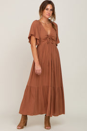 Brown Flutter Sleeve Cinched Maxi Dress