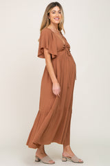 Brown Flutter Sleeve Cinched Maternity Maxi Dress