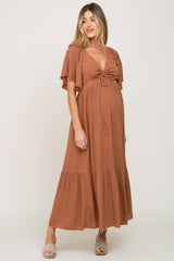 Brown Flutter Sleeve Cinched Maternity Maxi Dress