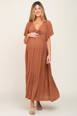 Brown Flutter Sleeve Cinched Maternity Maxi Dress