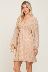 Beige Ditsy Floral Chiffon Smocked Dress