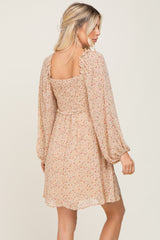 Beige Ditsy Floral Chiffon Smocked Dress