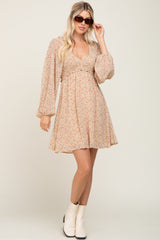 Beige Ditsy Floral Chiffon Smocked Dress