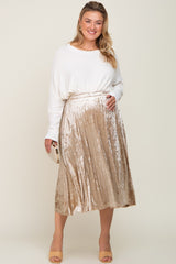 Beige Velvet Pleated Maternity Plus Midi Skirt