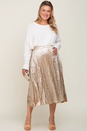 Beige Velvet Pleated Maternity Plus Midi Skirt