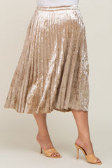 Beige Velvet Pleated Maternity Plus Midi Skirt