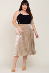 Beige Velvet Pleated Maternity Plus Midi Skirt