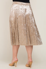 Beige Velvet Pleated Plus Midi Skirt