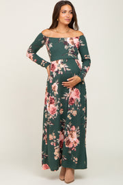 Forest Green Floral Off Shoulder Long Sleeve Maternity Maxi Dress