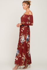 Burgundy Floral Off Shoulder Long Sleeve Maxi Dress