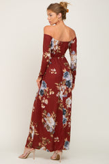 Burgundy Floral Off Shoulder Long Sleeve Maxi Dress