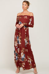 Burgundy Floral Off Shoulder Long Sleeve Maxi Dress