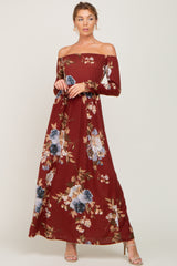 Burgundy Floral Off Shoulder Long Sleeve Maxi Dress