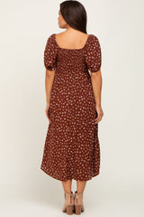 Brown Floral Puff Sleeve Maternity Midi Dress