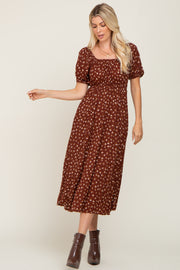 Brown Floral Puff Sleeve Midi Dress