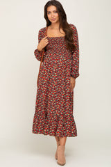 Black Floral Smocked Long Sleeve Maternity Midi Dress