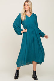 Teal V-Neck Smocked Accent Maxi Dress