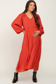 Rust V-Neck Smocked Accent Maternity Maxi Dress