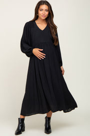 Black V-Neck Smocked Accent Maternity Maxi Dress