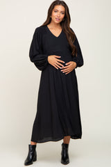 Black V-Neck Smocked Accent Maternity Maxi Dress