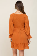 Camel Smocked Long Sleeve Ruffle Hem Maternity Dress