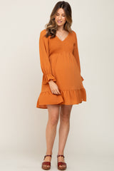 Camel Smocked Long Sleeve Ruffle Hem Maternity Dress