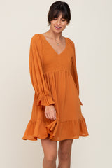 Camel Smocked Long Sleeve Ruffle Hem Maternity Dress