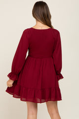 Burgundy Smocked Long Sleeve Ruffle Hem Maternity Dress