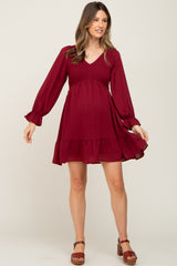 Burgundy Smocked Long Sleeve Ruffle Hem Maternity Dress