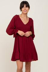 Burgundy Smocked Long Sleeve Ruffle Hem Maternity Dress