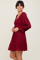 Burgundy Smocked Long Sleeve Ruffle Hem Dress