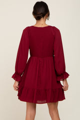 Burgundy Smocked Long Sleeve Ruffle Hem Dress