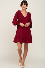 Burgundy Smocked Long Sleeve Ruffle Hem Dress