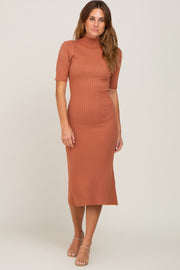 Rust Ribbed Mock Neck Midi Dress