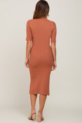 Rust Ribbed Mock Neck Midi Dress