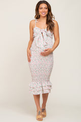 Ivory Pink Rose Floral Knot Front Smocked Maternity Midi Dress