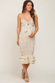 Cream Pink Rose Floral Knot Front Smocked Maternity Midi Dress