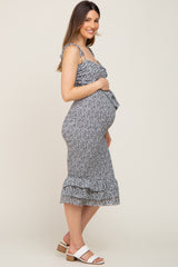 Black Floral Knot Front Smocked Maternity Midi Dress