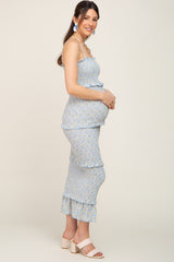 Blue Floral Chiffon Smocked Tiered Square Neck Maternity Midi Dress