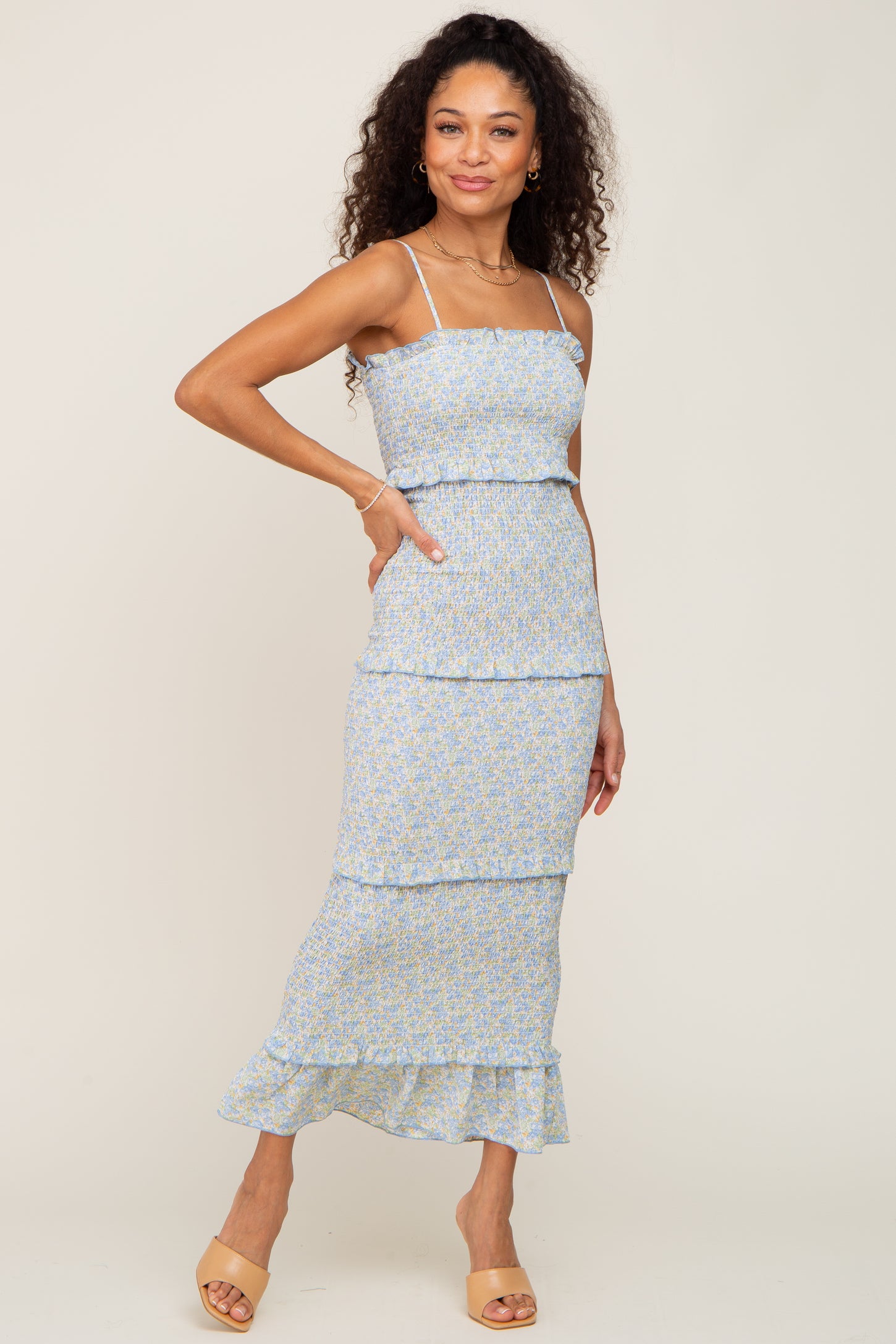 Smocked Tiered Midi Dress in Blue