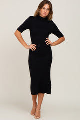 Black Ribbed Mock Neck Maternity Midi Dress