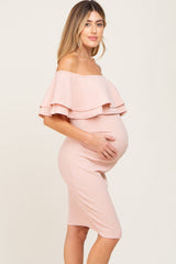 Light Pink Off Shoulder Ruched Maternity Dress