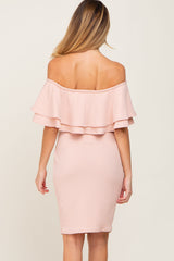 Light Pink Off Shoulder Ruched Maternity Dress