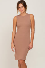 Mocha Ribbed Side Slit Fitted Dress