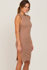 Mocha Ribbed Side Slit Fitted Dress