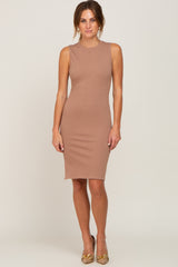 Mocha Ribbed Side Slit Fitted Dress