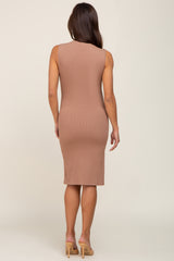 Mocha Ribbed Side Slit Maternity Fitted Dress