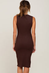 Brown Ribbed Side Slit Fitted Dress