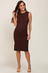 Brown Ribbed Side Slit Maternity Fitted Dress