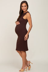 Brown Ribbed Side Slit Maternity Fitted Dress